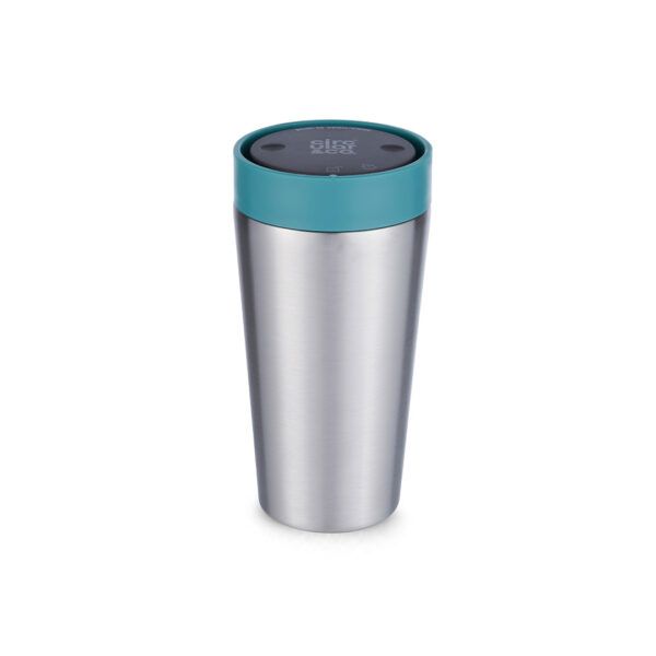 12oz reusable stainless steel travel mug with green lid